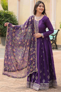 Admyrin Purple Georgette Embroidered Stitched Anarkali Gown with Dupatta
