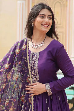 Admyrin Purple Georgette Embroidered Stitched Anarkali Gown with Dupatta