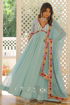 Admyrin Sky Blue Georgette Embroidered Sequins Work Stitched Anarkali Gown with Dupatta