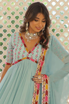 Admyrin Sky Blue Georgette Embroidered Sequins Work Stitched Anarkali Gown with Dupatta