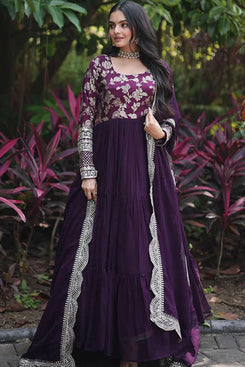 Admyrin Purple Georgette Art Silk Woven Embroidered Stitched Anarkali Gown with Dupatta