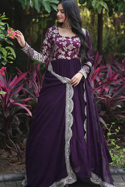 Admyrin Purple Georgette Art Silk Woven Embroidered Stitched Anarkali Gown with Dupatta