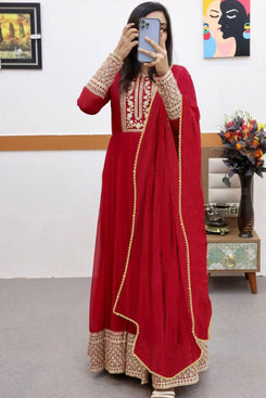 Admyrin Red Georgette Embroidered Stitched Anarkali Gown with Dupatta