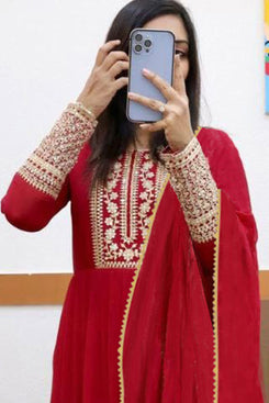 Admyrin Red Georgette Embroidered Stitched Anarkali Gown with Dupatta