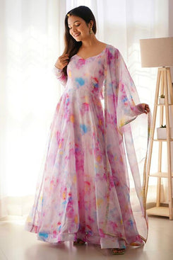 Admyrin Pink Georgette Printed Stitched Anarkali Gown with Dupatta