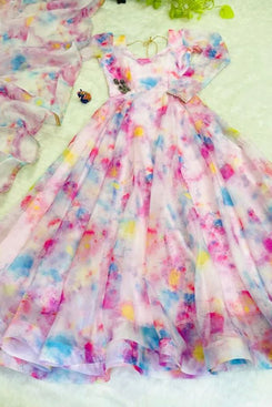 Admyrin Pink Georgette Printed Stitched Anarkali Gown with Dupatta