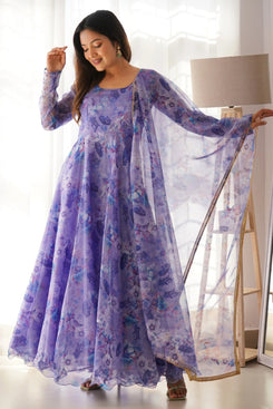 Admyrin Purple Georgette Printed Stitched Anarkali Gown with Dupatta