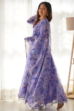 Admyrin Purple Georgette Printed Stitched Anarkali Gown with Dupatta