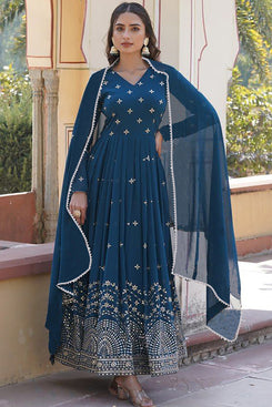 Admyrin Cerulean Blue Georgette Embroidered Stitched Anarkali Gown with Dupatta