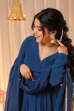 Admyrin Blue Georgette Embroidered Stitched Anarkali Gown with Dupatta