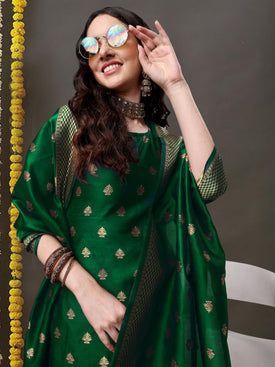 Admyrin Green Jacquard Woven Readymade Kurta With Pant and Dupatta Set