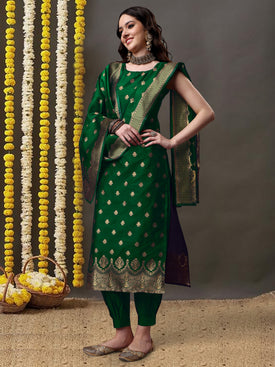 Admyrin Green Jacquard Woven Readymade Kurta With Pant and Dupatta Set