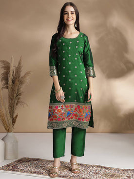 Admyrin Green Jacquard Woven Readymade Kurta With Pant Set