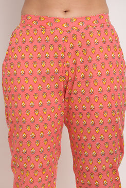 Admyrin Pink Cotton Printed Straight Kurta with Pant