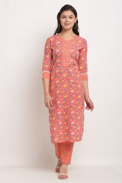 Admyrin Pink Cotton Printed Straight Kurta with Pant