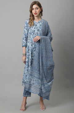 Admyrin Pure Cotton Jaipuri Printed & Embroidered Kurta Set With Dupatta
