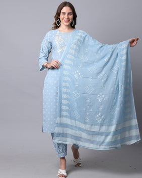 Admyrin Pure Cambric Cotton Jaipuri Printed & Embroidered Kurta Set With Dupatta