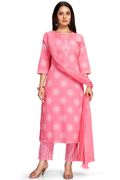Admyrin Baby Pink Cotton Printed Straight Kurta Set with Dupatta