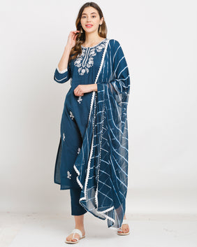 Admyrin Pure Cambric Cotton Embroidered Kurta Set With Dupatta