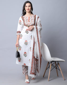 Admyrin Pure Cambric Cotton Jaipuri Printed Kurta Set With Dupatta