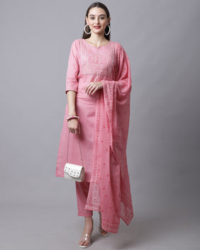 Admyrin Pure Cotton Zari Weaving And Embroidered Kurta Set With Dupatta
