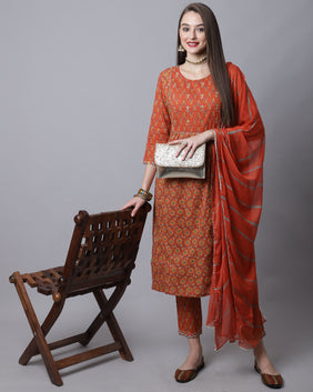 Admyrin Pure Cotton Jaipuri Printed & Hand Work Kurta Set With Dupatta