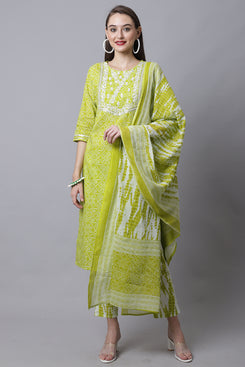Admyrin Mehendi Green Cotton Zari Weaving And Embroidered Straight Kurta Set with Dupatta