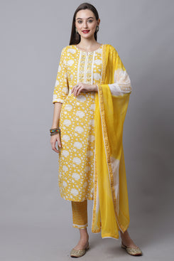 Admyrin Yellow Cotton Jaipuri Printed & Embroidered Straight Kurta Set with Dupatta