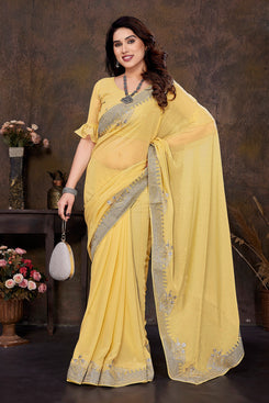 Admyrin Georgette Zari and Stone Work Designer Party Wear Saree with Blouse Piece