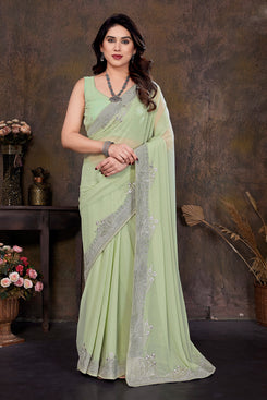 Admyrin Georgette Zari and Stone Work Designer Party Wear Saree with Blouse Piece