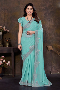 Admyrin Georgette Zari and Stone Work Designer Party Wear Saree with Blouse Piece