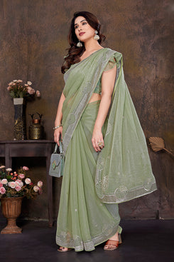 Admyrin Shimmer Zari and Stone Work Designer Party Wear Saree with Blouse Piece