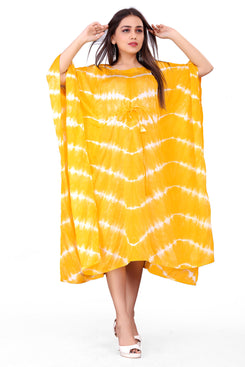 Admyrin Yellow Satin Chanderi Summer Beach Wear Printed Ready to Wear Kaftan