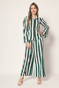 Admyrin White & Teal Stripe Print Ready to Wear Top with Crepe Bottom