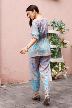 Admyrin Light Blue Rayon Paisley Printed Top With Matching Bottom - Co-ord Set
