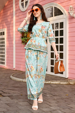 Admyrin Aqua Blue Rayon Paisley & Floral Printed Top With Matching Bottom - Co-ord Set