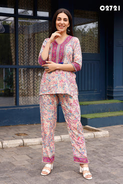 Admyrin Pink Rayon Abstract & Floral Printed Top With Matching Bottom - Co-ord Set