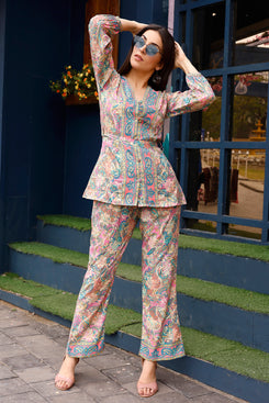 Admyrin Pink Rayon Paisley & Floral Printed Top With Matching Bottom - Co-ord Set