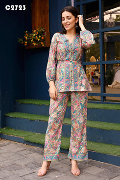 Admyrin Pink Rayon Paisley & Floral Printed Top With Matching Bottom - Co-ord Set