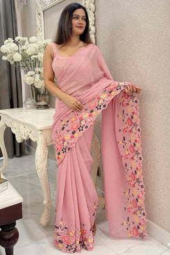 Admyrin Pink Shimmer Silk Sequance Embroidery Work Saree with Blouse Piece