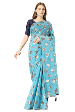 Admyrin Sky Blue Lycra Foil Work Party Wear Saree with Blouse Piece