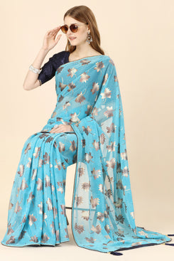 Admyrin Sky Blue Lycra Foil Work Party Wear Saree with Blouse Piece