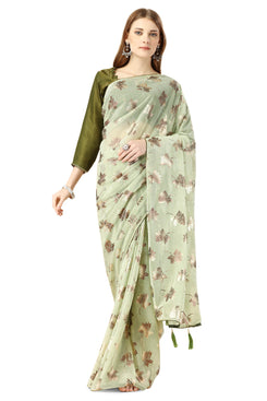 Admyrin Light Green Lycra Foil Work Party Wear Saree with Blouse Piece