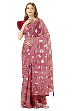 Admyrin Pink Lycra Foil Work Party Wear Saree with Blouse Piece