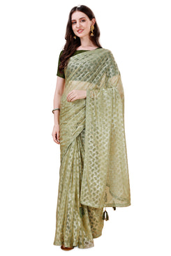 Admyrin Light Green Lycra Foil Work Party Wear Saree with Blouse Piece