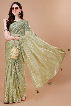 Admyrin Light Green Lycra Foil Work Party Wear Saree with Blouse Piece