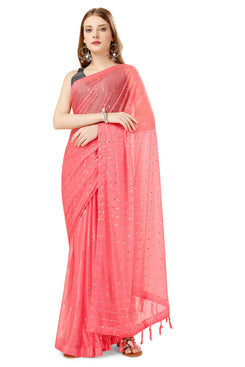 Admyrin Pink Lycra Sequence Work Party Wear Saree with Blouse Piece