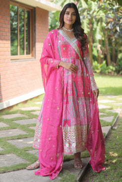 Admyrin Pink Russian Silk Traditional Function Wear Semi-stitched Gown With Dupatta