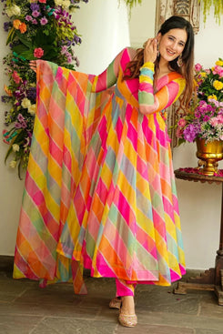 Admyrin Multi Color Georgette Function Wear Digital Print Readymade Gown With Dupatta