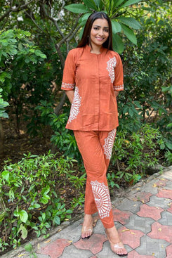 Admyrin Orange Cotton Printed Trendy Party Wear Readymade Co-Ord Set